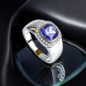 Cushion Cut Tanzanite Mens Ring Sterling Silver