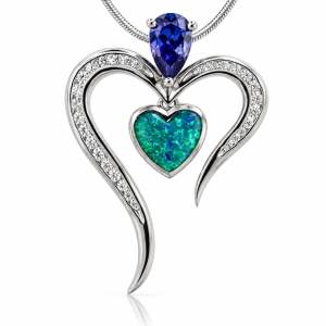 Heart Shape Tanzanite and Opal Silver Pendant