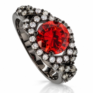 Round-Cut Cherry Opal Black Silver Ring