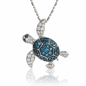 0.79 ctw White 14K Gold Turtle Blue and White Diamond Pendant