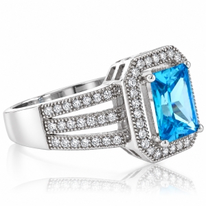 Emerald Cut Blue Topaz Sterling Silver Ring