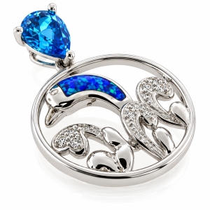 Australian Opal with Blue Topaz Dolphins Pendant
