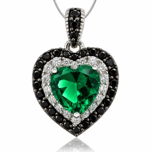 Hearth Shape Emerald and Silver Pendant With Simulated Diamonds