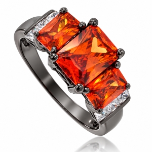 3 Stone Fire Opal Black Silver Ring
