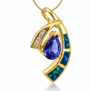 Beautiful Gold Plated Pendant with Australian Opal and Great Drop Cut Tanzanite Gemstone