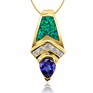 Precious Gold Plated Pendant with Drop Cut Tanzanite and Australian Opal