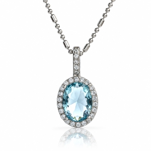 Oval-Cut Silver Halo Pendant with Aquamarine