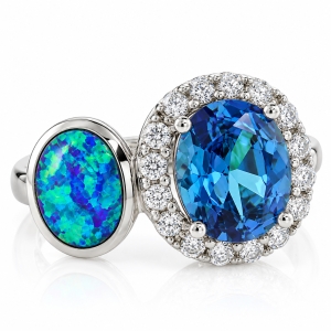 Oval Cut Blue Topaz with Australian Opal Ring