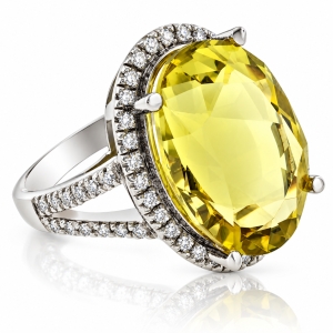 Huge Natural Yellow Citrine 14K White Gold Ring