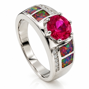 Australian Opal Ring with Pink Round Cut Sapphire