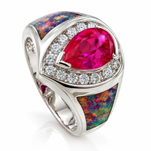Australian Opal Ring with Pink Pear Cut Sapphire