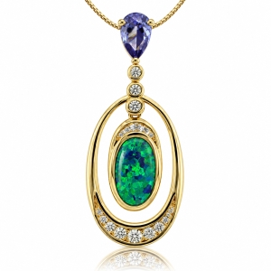 Pear Cut Tanzanite and Gold Plated Pendant With Australian Opal