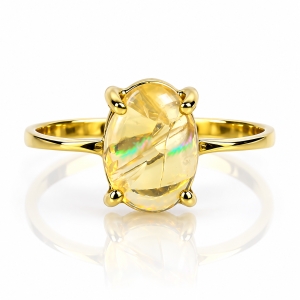 Genuine Mexican Opal Natural Polished Cabuchon 14K Solid Gold Ring