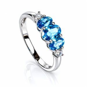 3 Oval Cut Stone Blue Topaz Silver Ring