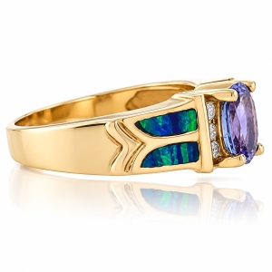 Australian Opal with Tanzanite 14k Solid Gold Ring