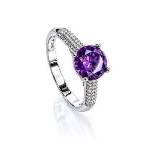 Solitaire Round Cut Amethyst Ring Sterling Silver