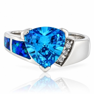 Trillion Cut Blue Topaz Silver Ring with Blue Opal
