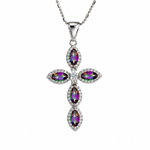 Sterling Silver Cross With Marquise Cut Mystic Topaz
