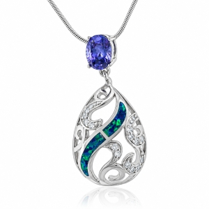 Pear Cut Tanzanite Australian Opal Silver Pendant