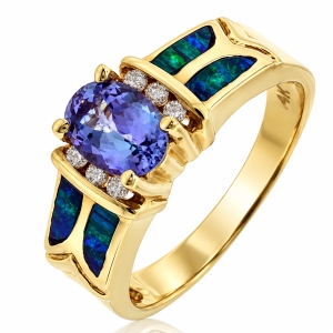 Australian Opal with Tanzanite 14k Solid Gold Ring