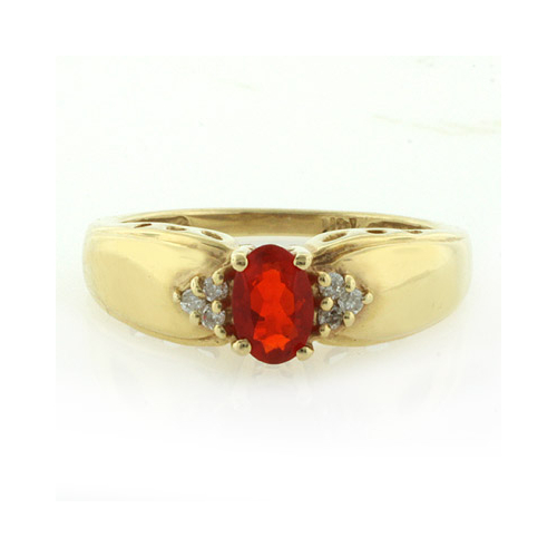 Mexican Fire Cherry Opal Diamond 14k Solid Yellow Gold Ring