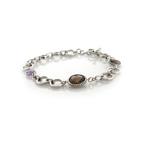 Genuine Amethyst and Smoked Quartz Silver Bracelet