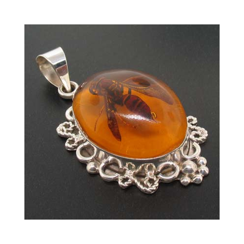 Genuine Amber Bee Silver Pendant
