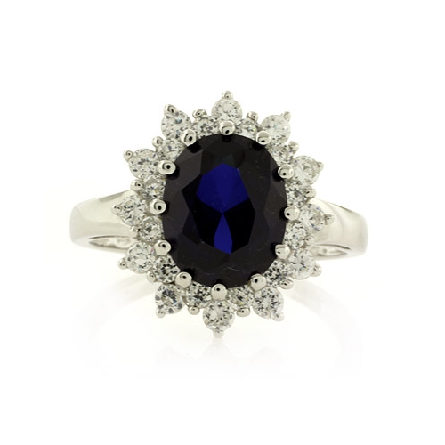 Sterling Silver Sapphire Ring with Simulated Diamonds