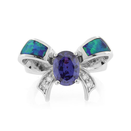 Bow Shape Australian Opal Ring with Tanzanite