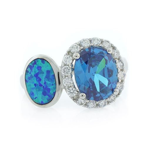 Oval Cut Blue Topaz with Australian Opal Ring