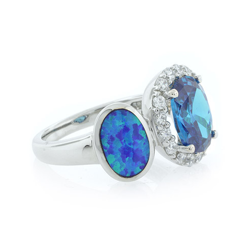 Oval Cut Blue Topaz with Australian Opal Ring