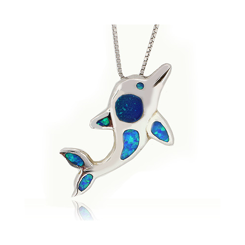 Blue Opal Silver Dolphin Pendant