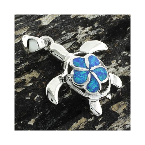 Sea Turtle Blue Opal Silver Pendant