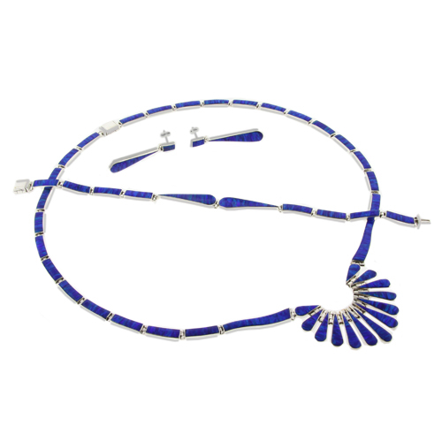 Mexican Blue Fire Opal Silver Necklace, Bracelet and Earrings Set