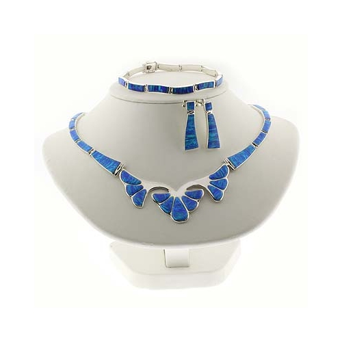 Blue Opal Silver Flower Necklace, Bracelet and Earrings Set