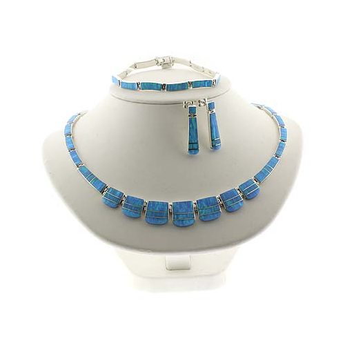 Mexican Fire Blue Opal Silver Necklace, Bracelet and Earrings Set