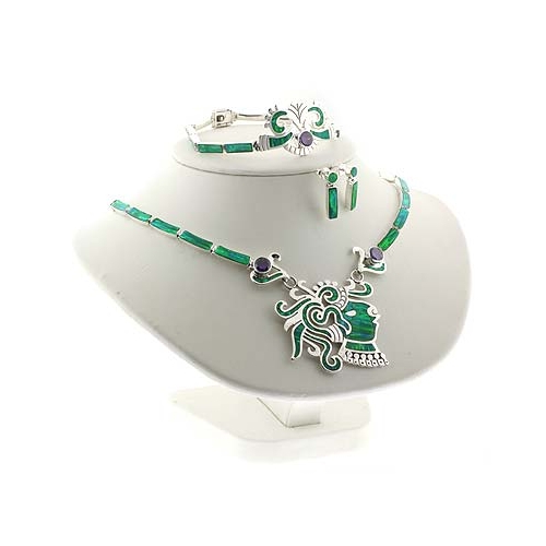 Green Opal Silver Aztec Warrior Necklace, Bracelet and Earrings Set