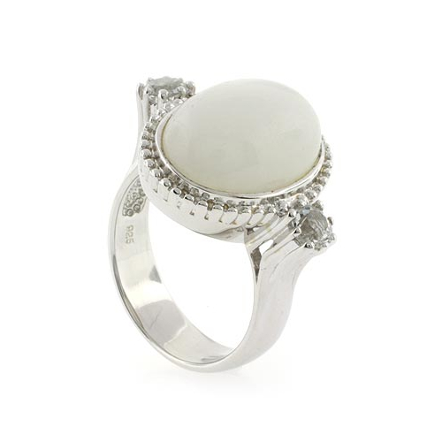 Genuine White Jade and Topaz Silver Ring