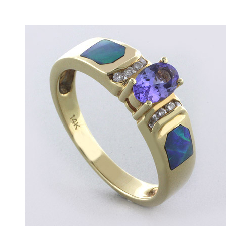 Genuine Australian Opal and Tanzanite 14 Karat Gold Ring with Diamonds