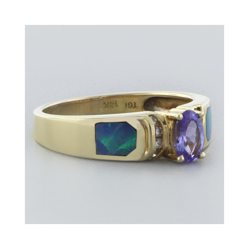 Genuine Australian Opal and Tanzanite 14 Karat Gold Ring with Diamonds