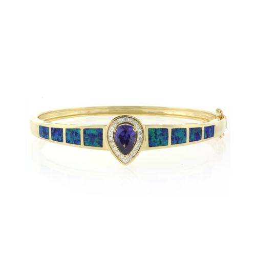 14K Yellow Gold Plated Opal and Tanzanite Silver Bangle