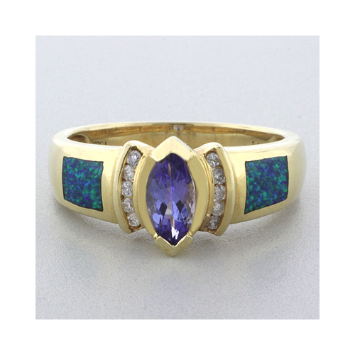 Blue Opal with Tanzanite Yellow Gold Ring in 14K