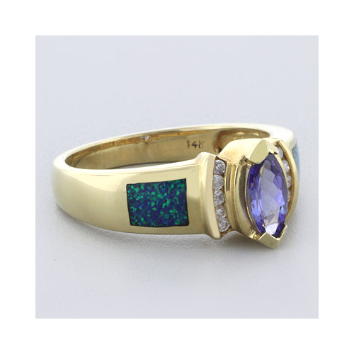 Blue Opal with Tanzanite Yellow Gold Ring in 14K