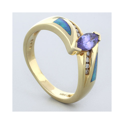 Natural Opal Ring 0.07 ct tw Diamonds 14K White Gold .43 ct Natural Tanzanite
