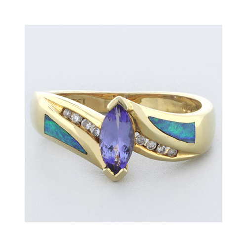 Natural Opal Ring 0.07 ct tw Diamonds 14K White Gold .43 ct Natural Tanzanite