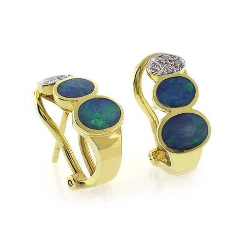 Genuine Black Opal Omega Closure Diamond 14k Yellow Gold Earrings