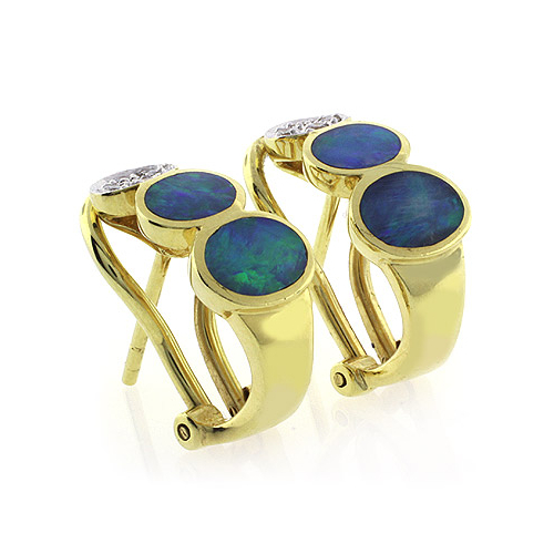 Genuine Black Opal Omega Closure Diamond 14k Yellow Gold Earrings