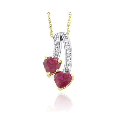 10K Yellow Gold Ruby Double Heart Pendant Necklace