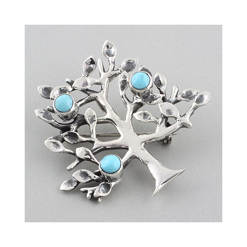 Turquoise Gemstone Silver Tree Pendant and Pin