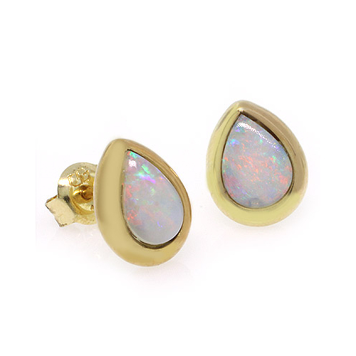 14K Yellow Gold Genuine White Opal Studs